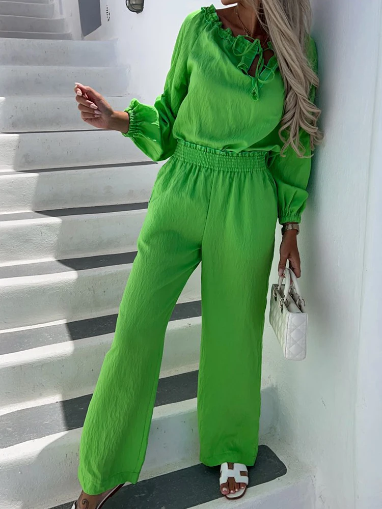 

Elegant Casual Cotton Linen 2pc Set Fashion O-Neck Tie-up Shirts & Elastic Waist Long Pants Suit Women Solid Long Sleeve Outfits