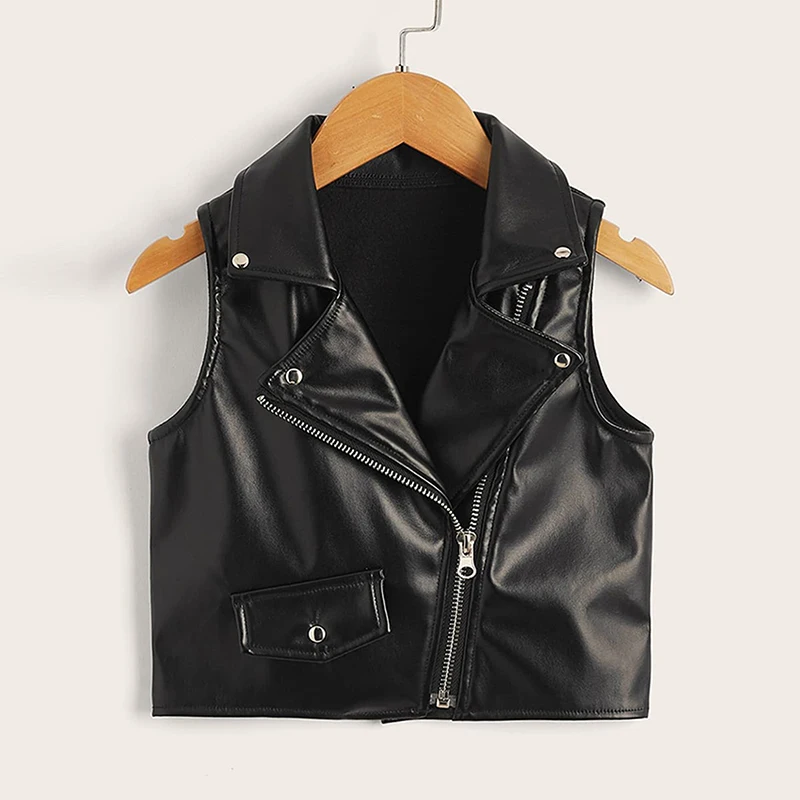 

Spring Autumn Girls Sleeveless Vest Baby Pu Vest Toddler Outwear Kids Clothes Fashion Black Faux Fur Zipper 2-6Y
