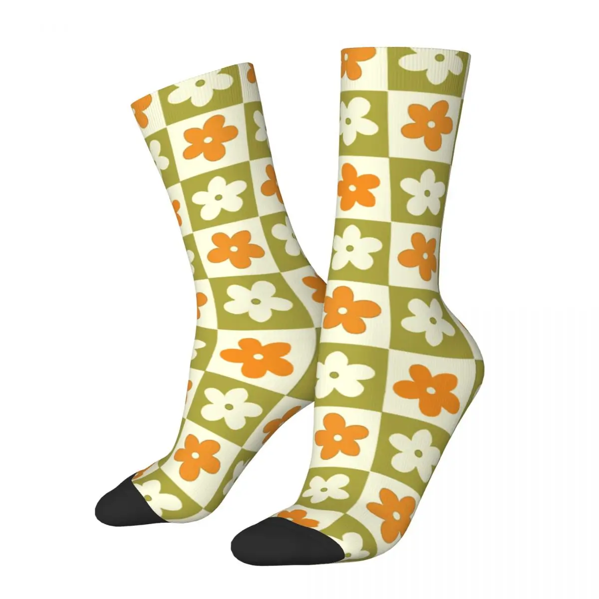 

Men's Socks Green Orange Checkered Squares With Flowers Vintage Harajuku Geometric Patterns Hip Hop Crew Crazy Sock