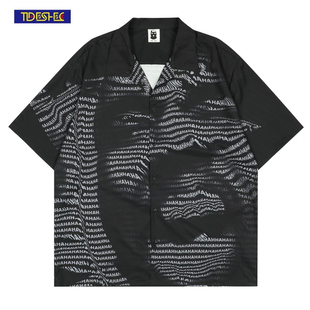 

2022 Summer Casual Shirt Men Letter Printed Face Print Shirt Men Streetwear Button Hawaii Vintage Shirt Hip Hop Harajuku Shirt