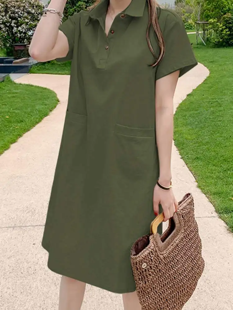 

ZANZEA Vintage Short Sleeve Dresses 2022 Summer Cotton Solid Vestidos Elegant Dress For Women Casual Office Shirt Robe Oversized