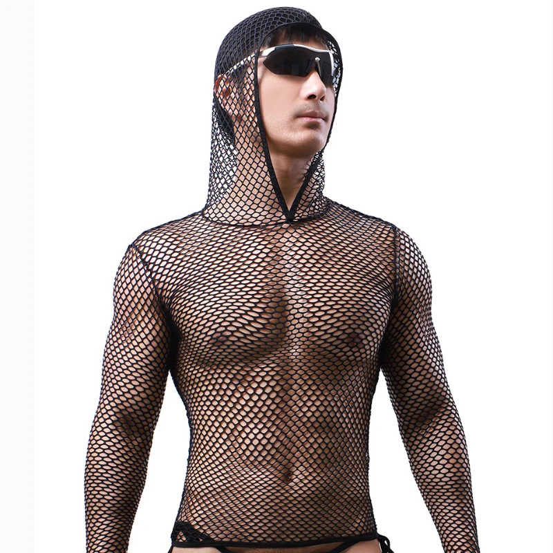 

AIIOU Sexy Men Mesh See Through Transparent Long Sleeve Hollow Streetwear Perform Gay Top Undershirt Top Tee Nightclub Lingerie