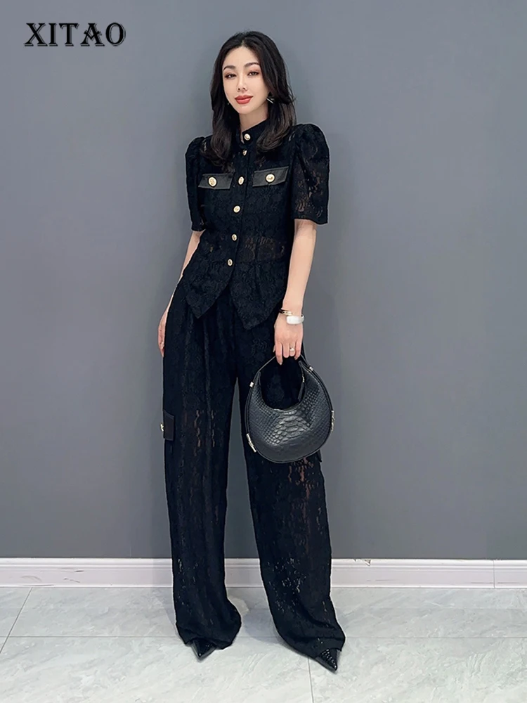 

XITAO Slim Ladies Pant Suits Women Single Breasted 2023 New Arrival Black Lace Korean Short Sleeve Two Pieces Sets HQQ0034