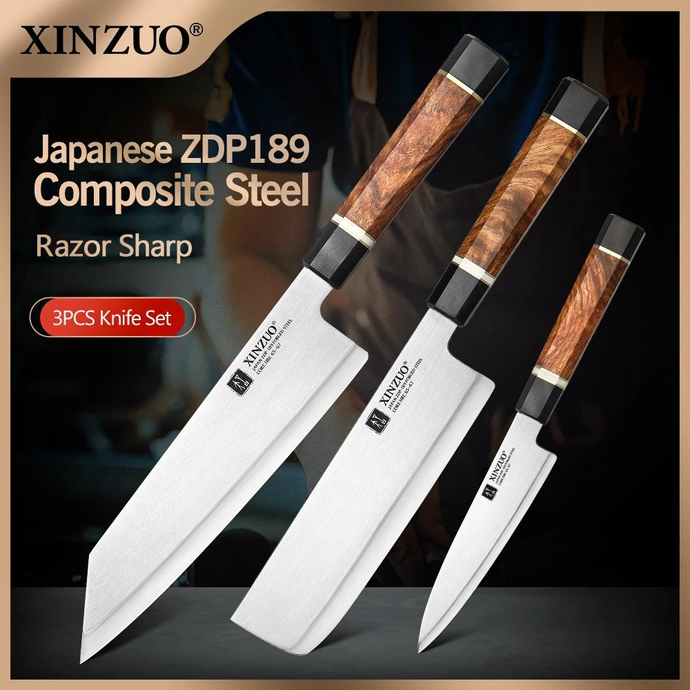 

XINZUO 3 шт. Набор ножей Высокая Твердость 65-67 японский ZDP-189 композитная мощная сталь ручной щеткой лезвие поверхность шеф-повара ножи Nakiri