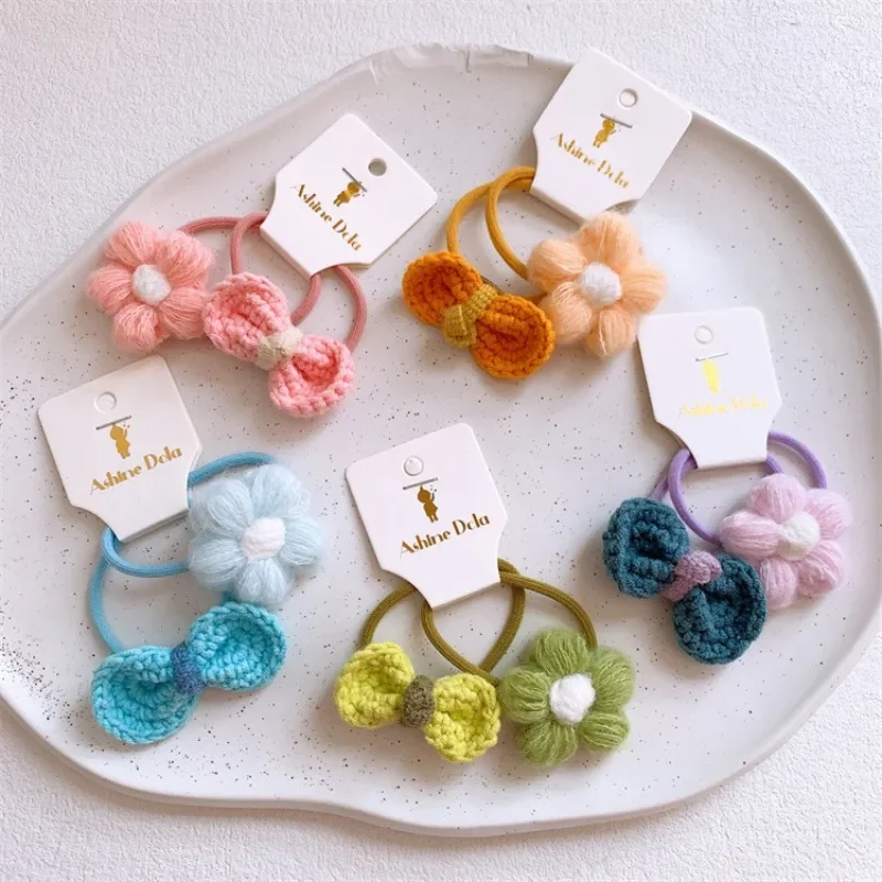 

2023 Winter New Sweet Girl Princess Flower Rubber Band Fashion Children's Cute Colorful Knitted Wool Bow Hair Rope Headwear