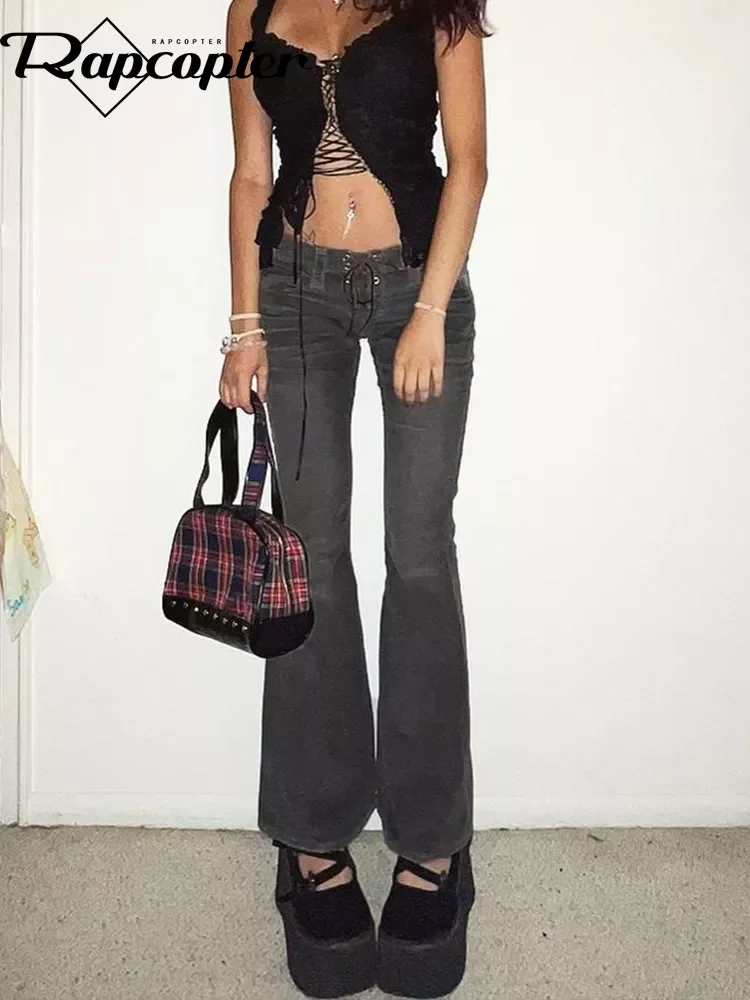

Rapcopter y2k Grey Flare Jeans Lace Up Cute Retro Trousers Low Waisted Patchwork Cargo Pants Aesthetic Korean Chic Women Jeans