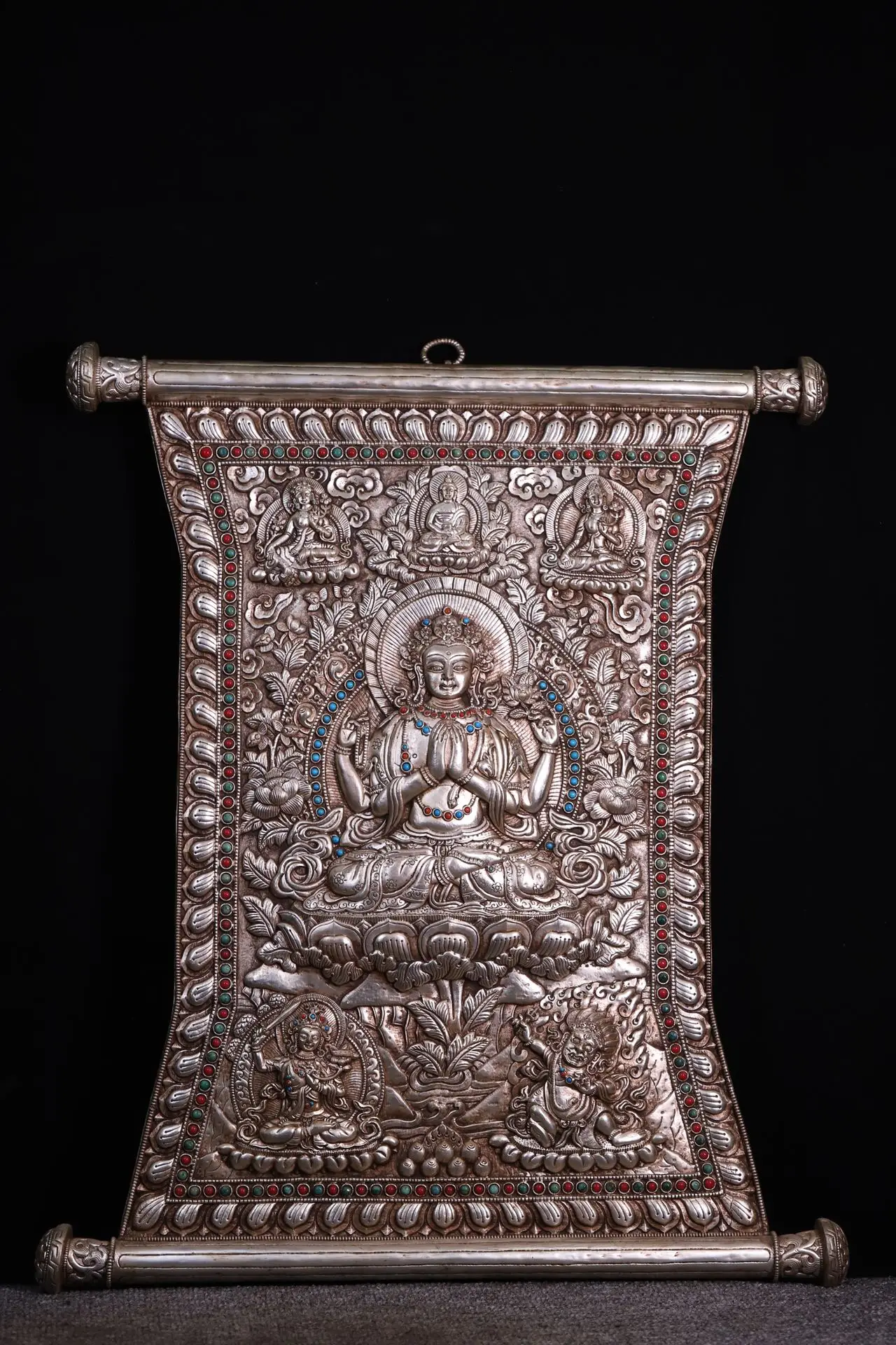 

26" Tibetan Temple Collection Old Tibetan silver Gilt mosaic Gem Four-armed Guanyin Six Buddhas thangka mandala hanging screen