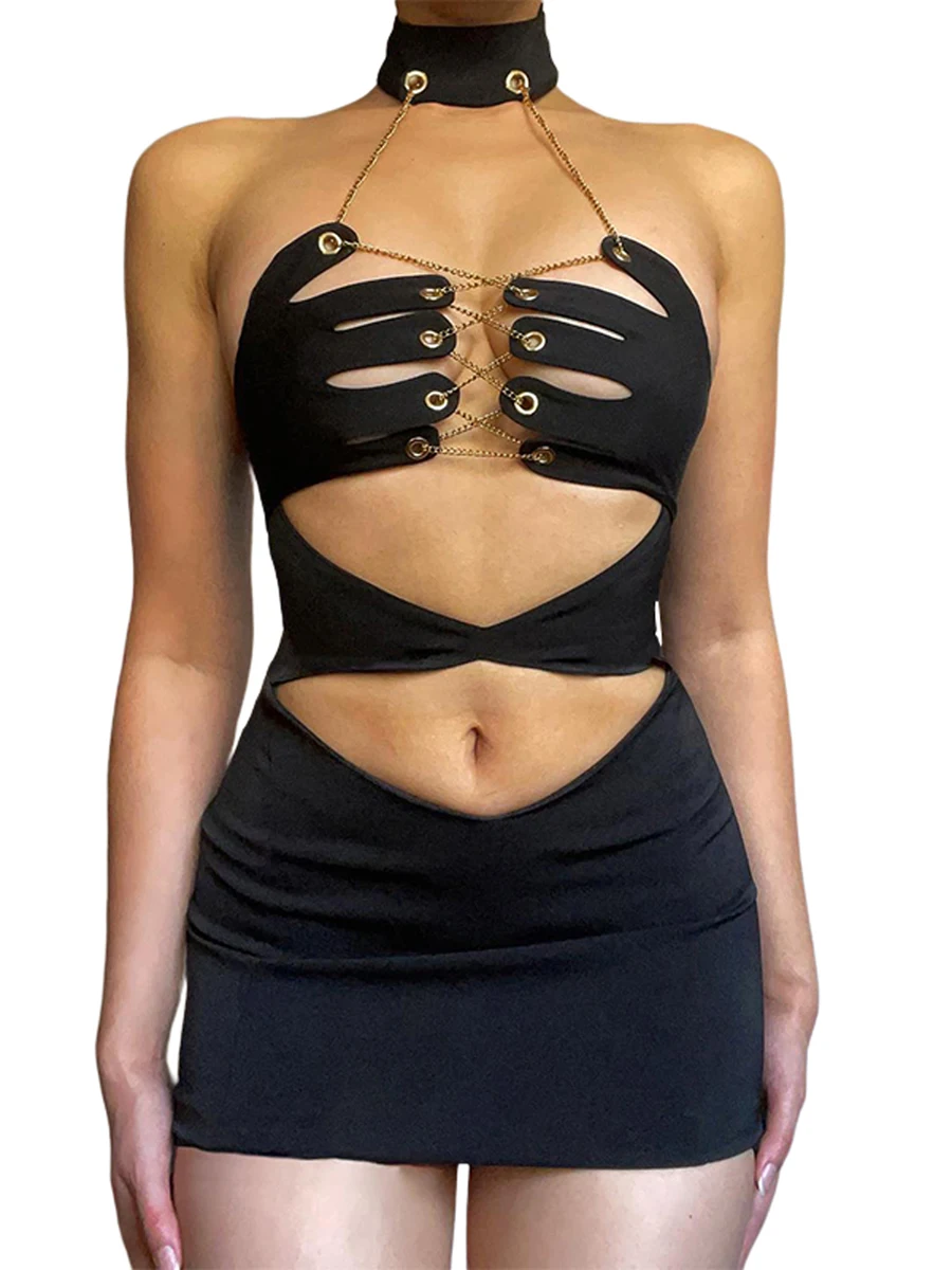 

Женские платья, облегающее мини-платье без рукавов с лямкой на шее, открытой спиной, с цепочками, с вырезами, для клувечерние, сексуальное об...