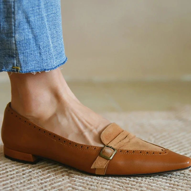 Women Flat Shoes Suede Pointy Leisure Lefu Retro Low Top PU Square Head Shallow Mouth Solid Color Single Breathable