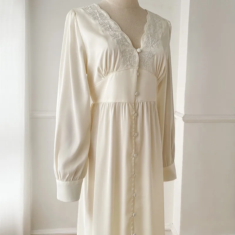 

Lace V-Neck Nightgown Women Nightdress Long Sleeve Nighty Dress With Button Dressing Gown Summer Robe Sleepdress Loungewear