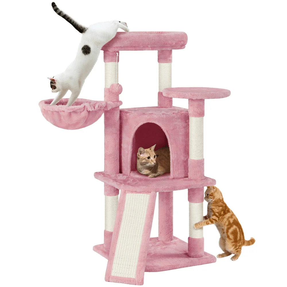 

Easyfashion 42'' Cat Tree Cat Tower with Condo & Basket Perch Platform, Pink cat furniture