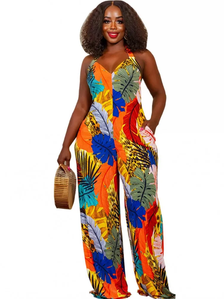 

Jumpsuit African Clothes Women Halter Sleeve Backless Playsuit Summer New Print Wide Leg Pants Dashiki African Jumpsuit Clothing