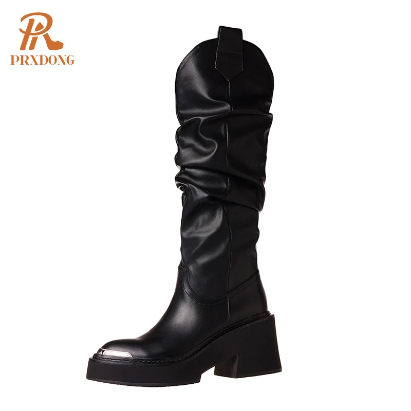 

Женские сапоги до колена PRXDONG, черные повседневные сапоги на платформе и квадратном высоком массивном каблуке, Осень-зима 2022