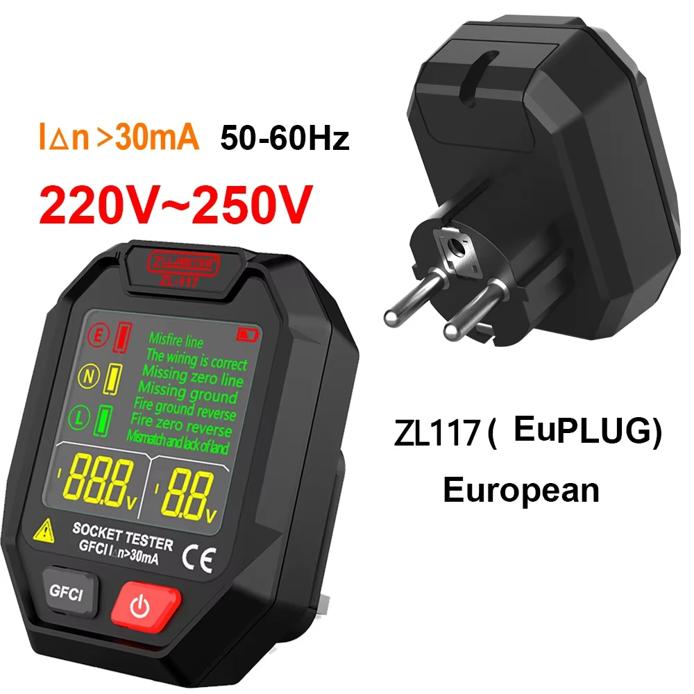 

Тестер розеток Pro Тест напряжения RCD 30 мА Детектор розеток Великобритания ЕС Вилка заземления нулевой линии Проверка полярности фазы