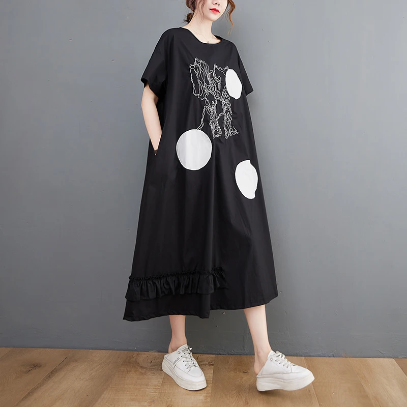 

SuperAen 2022 Summer New Slim Waist Printing Embroidered O-Neck Mid-Calf A-LINE Dress for Women