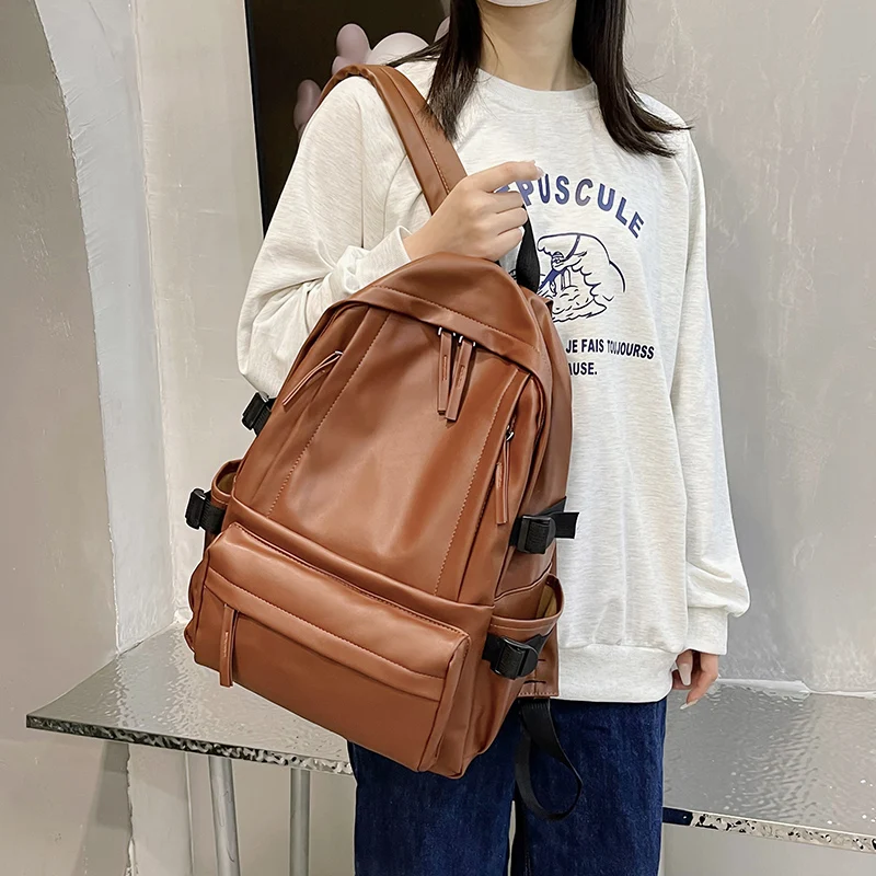 

SEETIC Solid Color Women Backpack Pu Leather Backpack Women Multiple Pockets Travel Backpack Unisex Anti-Theft Ladies Backpack