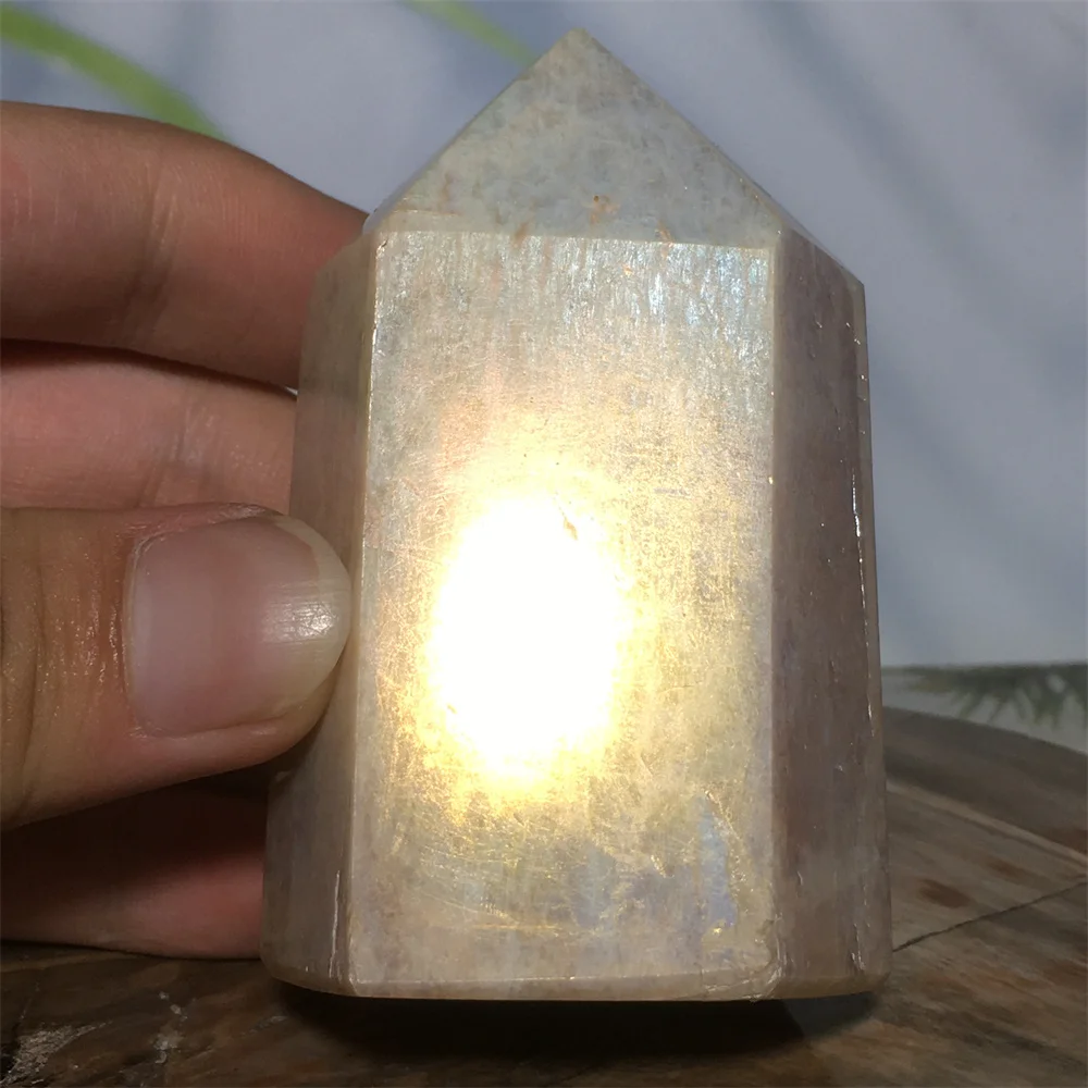 

Angel Aura Moonstone Tower Quartz Crystal Point Wand Natural Gem Mineral Sample Room Decoration Modern Collection Energy Healing