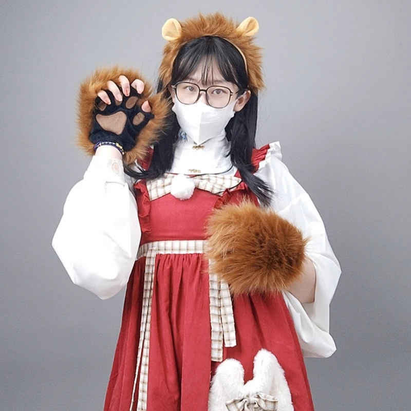 

Комплект костюмов для косплея животных, повязка на голову с львиными ушками, плюшевые перчатки для хвоста, реквизит для Хэллоуина