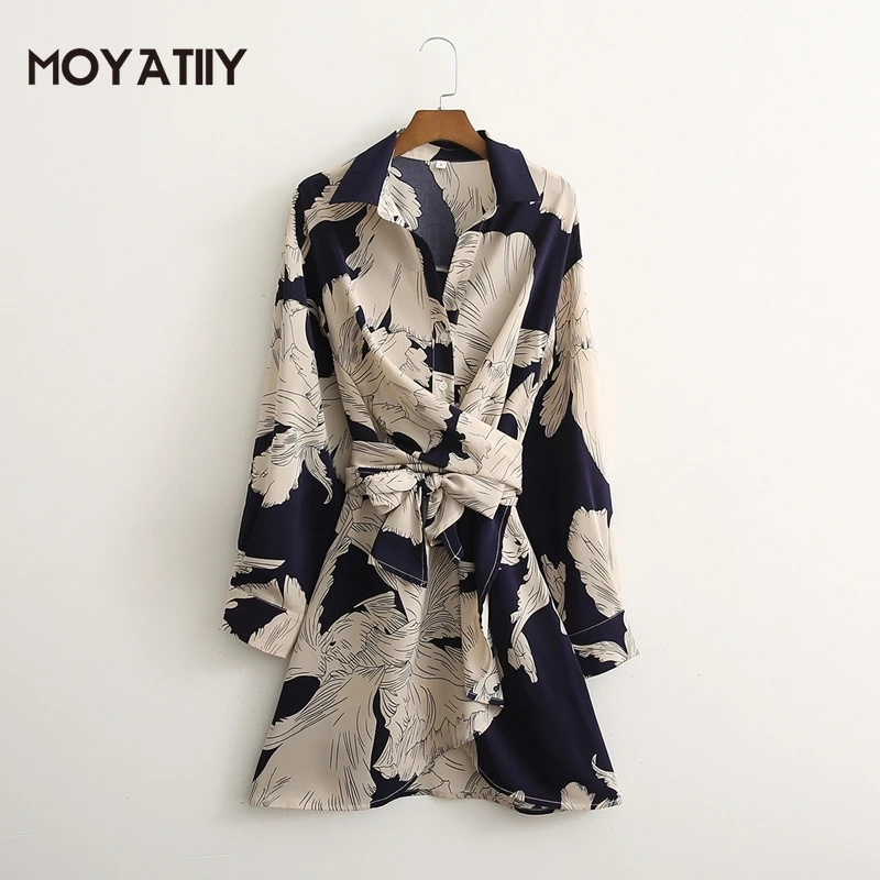 

MOYATIIY женское 2022 модное мини-платье ретро цветочный принт рубашка платья с вырезом лодочкой с длинным рукавом женские платья