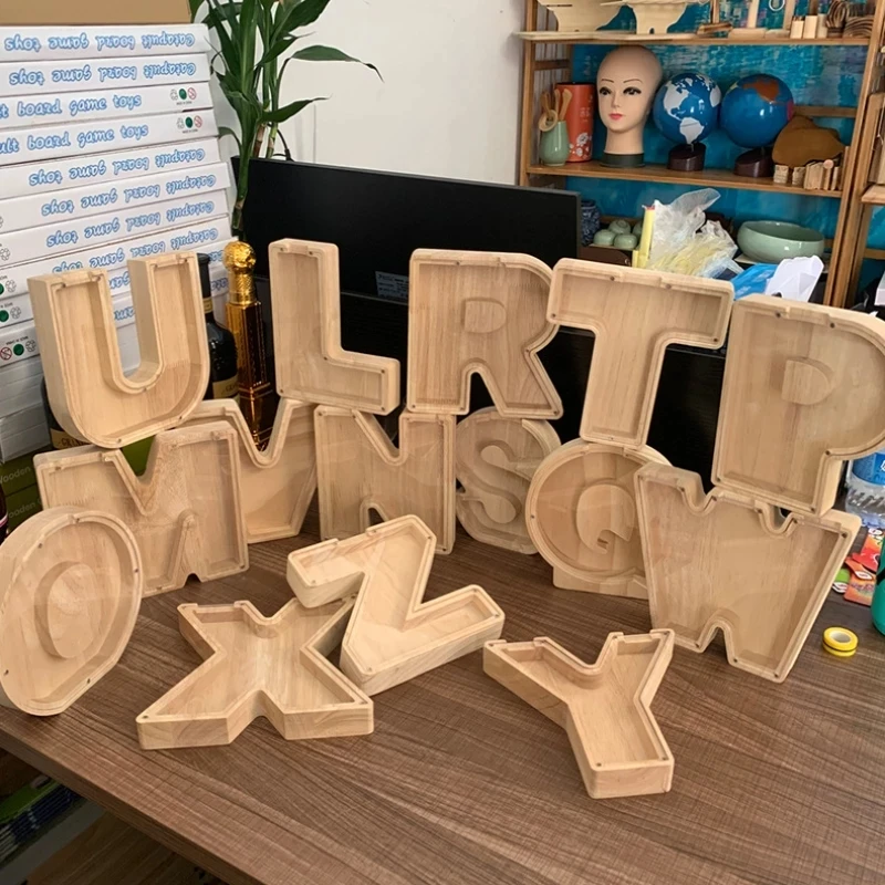 

Piggy Bank Wood Alphabet Money Boxes Storage Kids Toys Home Decor Wooden Coin Money Saving Box Xmas Gift for Children New Year