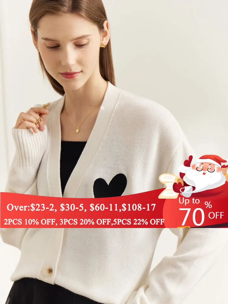 AMII Minimalism Sweater Cardigan for Women winter 2022 Wool Sweater Warm Elegant Love Embroidery V-neck Knitted Top 12270479