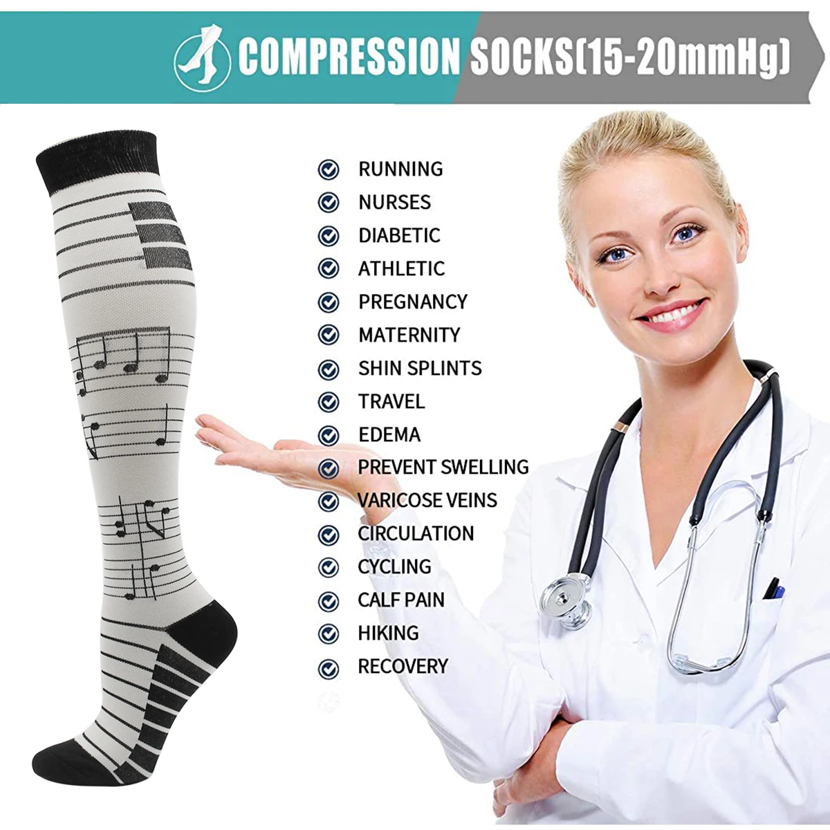 6 PairsCompression Socks Women Men Knee High 15-20 MmHg Sports Socks Edema Diabetes Varicose Veins Running Men Socks Size S/M