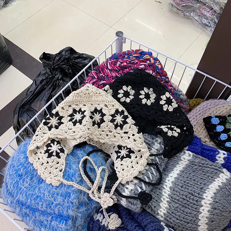 

Handmade Hollow Flower Baotou Hat Female Niche New Fashion Headscarf Knitted Hat Cute Spice Fresh Personality Sweet Knitted Hats