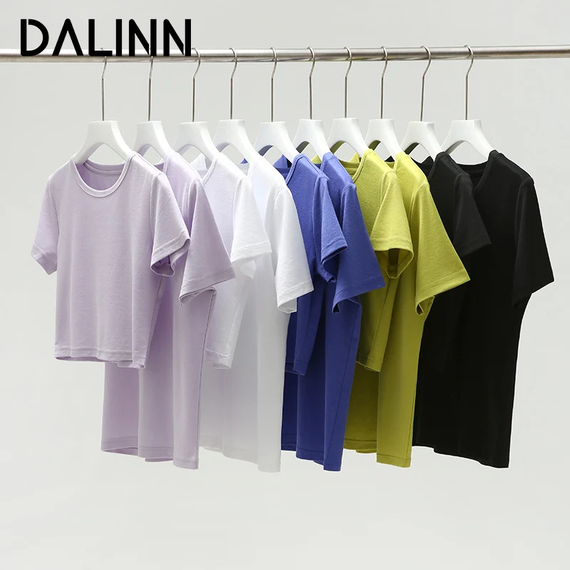 

Woman Casual T Shirts O Neck Short Sleeves Acetate Silk Blend Cozy Crop Top 2023 Spring Summer New Bottoms Tee DALINN