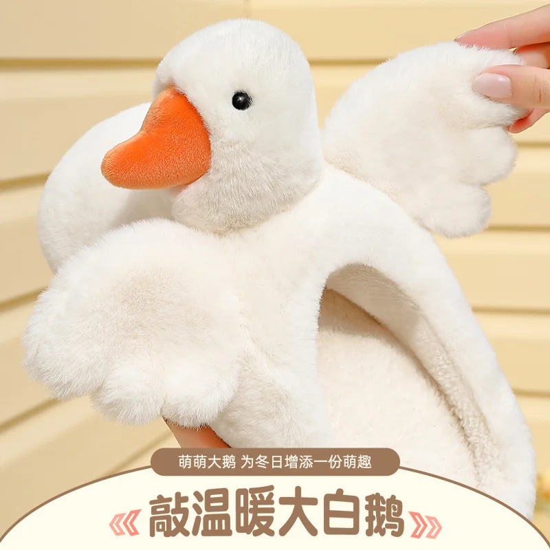 Women Cotton Slippers Indoor Home Floor Couples Winter Shoes Cute Cartoon Goose Warm Plush Soft Sole Ladies House Slides