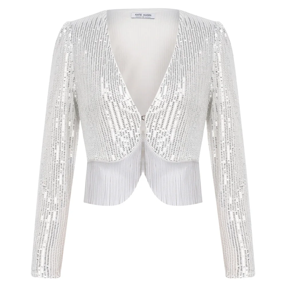 

KK Women Jackets Coats Shiny Sequined Party Bolero Tops Long Sleeve Tassel Hem Shrug Womens Clothes Stage Top Streetwear