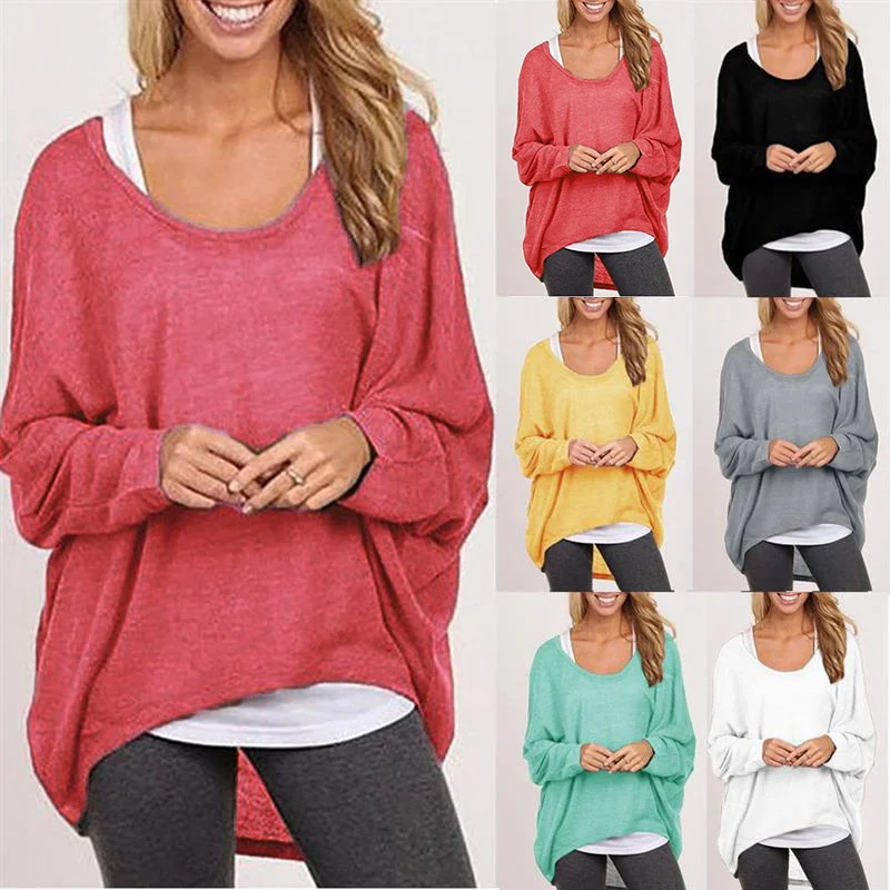 Women's Long-Sleeved Loose T-Shirt Ladies Solid Color Batwing Sleeve Sweater Fashion Casual Irregular Knitting Shirt Female Top