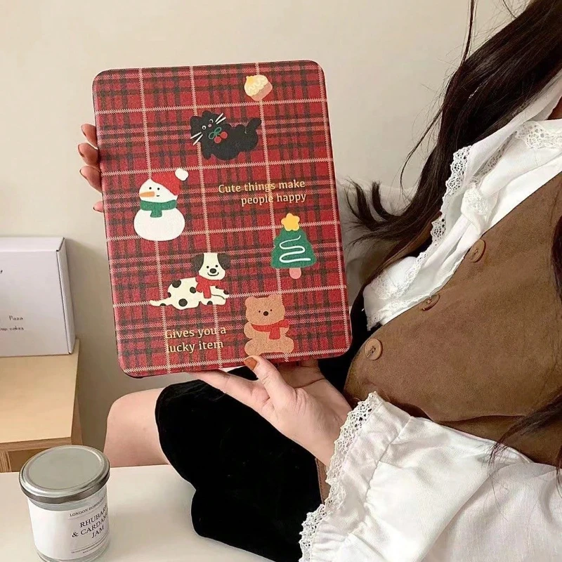 Рождественский мишка в красную клетку 360° ° Вращающийся чехол для планшета iPad