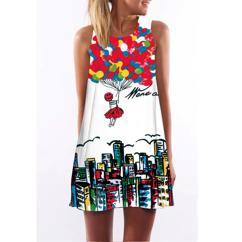 

2022 Women Summer A-Line Mini Dress O-Neck Loose Sleeveless Vintage Print Casual Ethnic Dresses