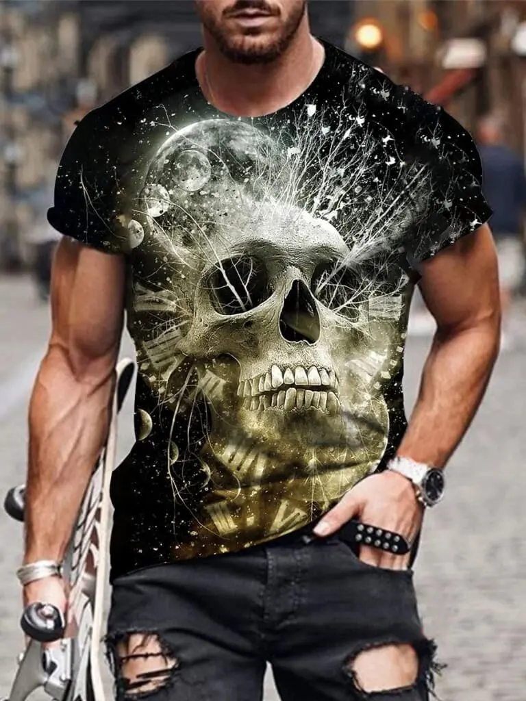 

2022 Summer Loose Soft Crew Neck T-shirts For Man Oversize T-shirt Personality 3D Skull Painting Short Sleeve Halloween T-shirt