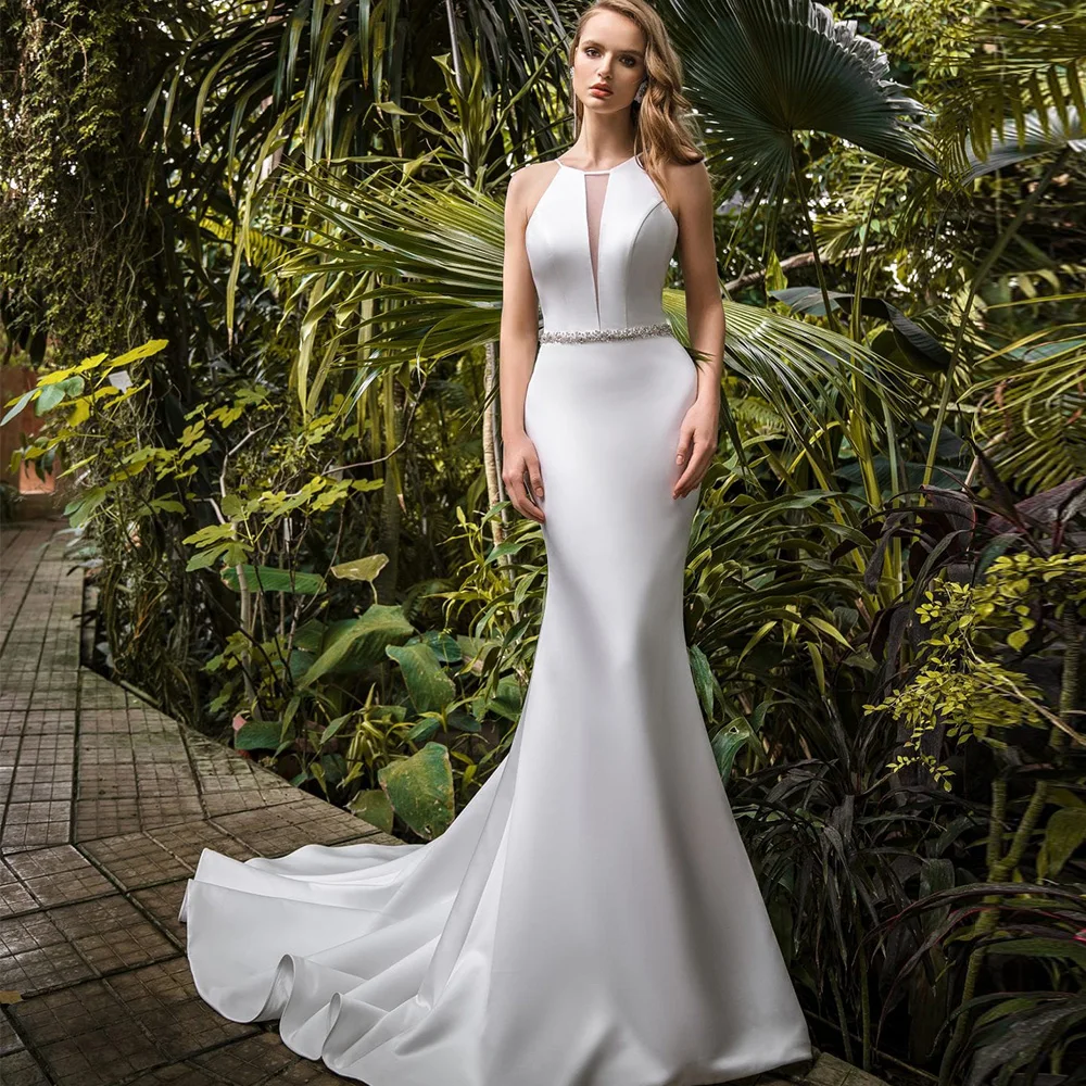 

Jewel Bridal Dresses With Sleeveless 2022 Backless Simple Mermaid Satin Wedding Gowns Crystal Floor-Length Vestido De Noiva