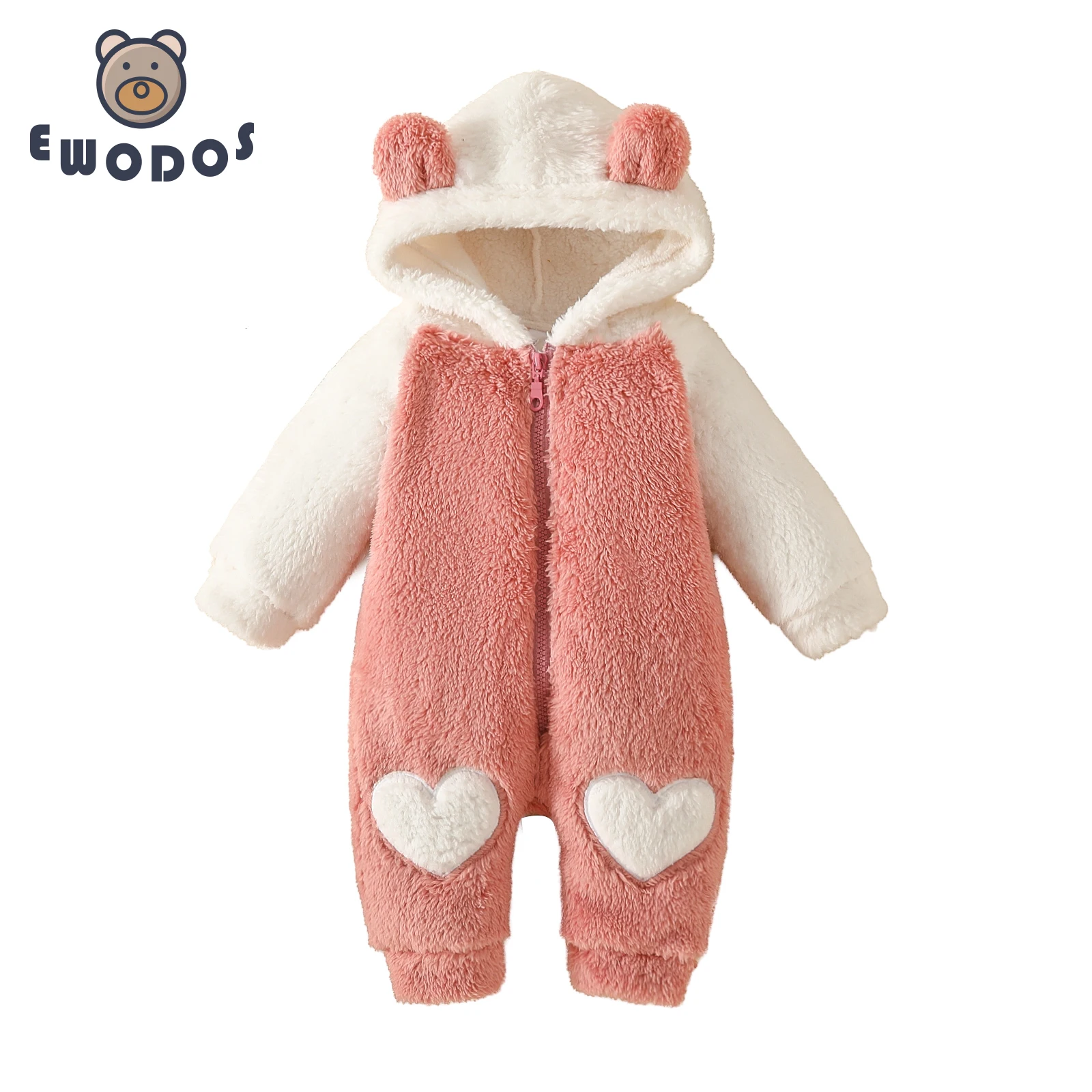 

EWODOS Infant Baby Girls Winter Fuzzy Jumpsuit Bear Ear Snowsuit Newborn Hooded Romper Warm Coat Long Sleeve Closure Rompers