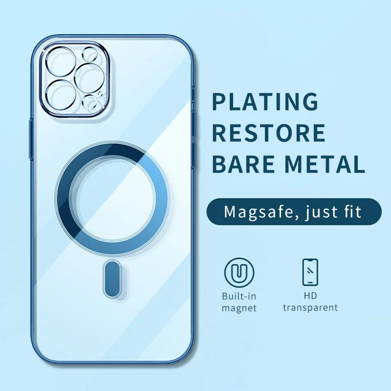 Luxury Magsafe Wireless Charging Cover for iPhone 14 13 12 11 Pro Max X XR XS 8 Plus Elegant Plating Clear Magnetic Case