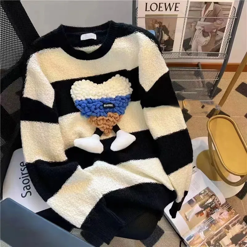 Autumn and winter 2022 new senior design three-dimensional flocking, love, loose knit coat, female sweater mujer  sweater mujer