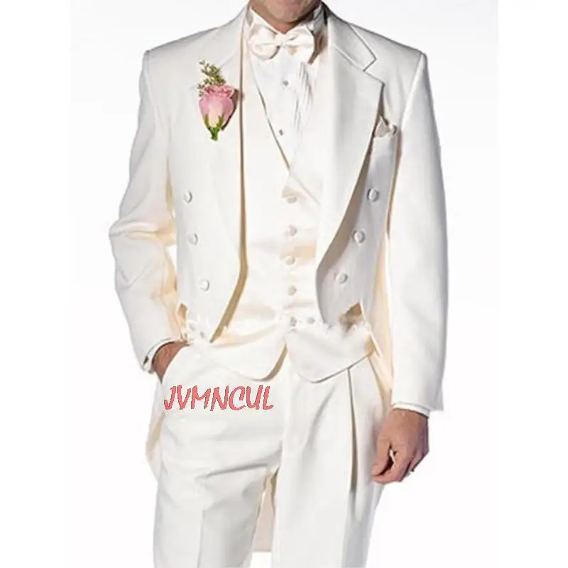 

2022 Italian Stylish Ivory Mens Tailcoat Wedding Suits Groomsmen Suits Slim Fit Groom Tuxedos Men Suit Set (Jacket+Pants+Vest)