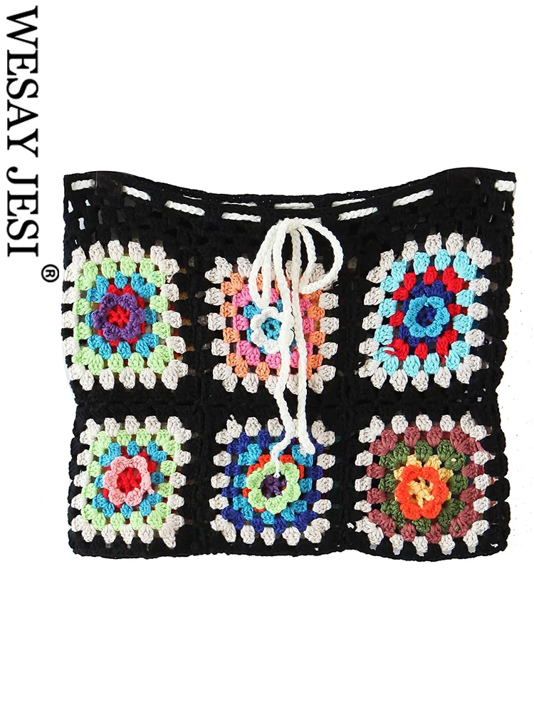 

WESAY JESI Elegant Ladies Vintage Crochet Knit Flower Patchwork Skirt Drawstring Chic Multicolored Hollow Women's Skirt Summer
