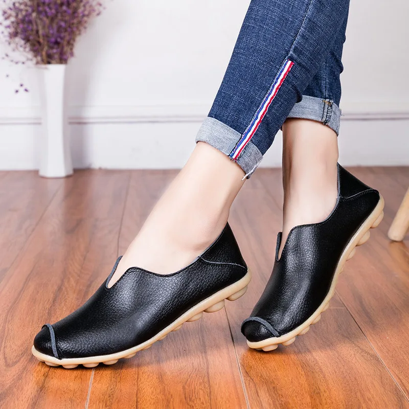 Genuine Leather Women Flats Slip On Solid  Comfortable Mother Shoes Sewing Spring Fashion Female Footwear Zapatos De Mujer