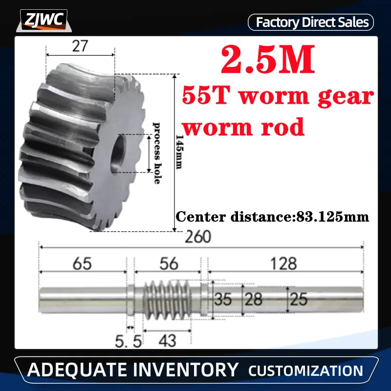 

1 шт., 2,5 модульный редуктор с 55 зубьями, Червячное отверстие для передачи передач и коэффициент передачи червячного стержня 2,5 м, 1:55 45 # сталь для деталей ЧПУ