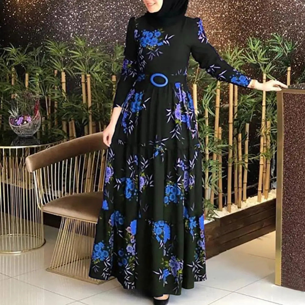 

Long Sleeve Women Dress Muslim Abaya Ethnic Floral Print Belt Maxi Kaftan Robe