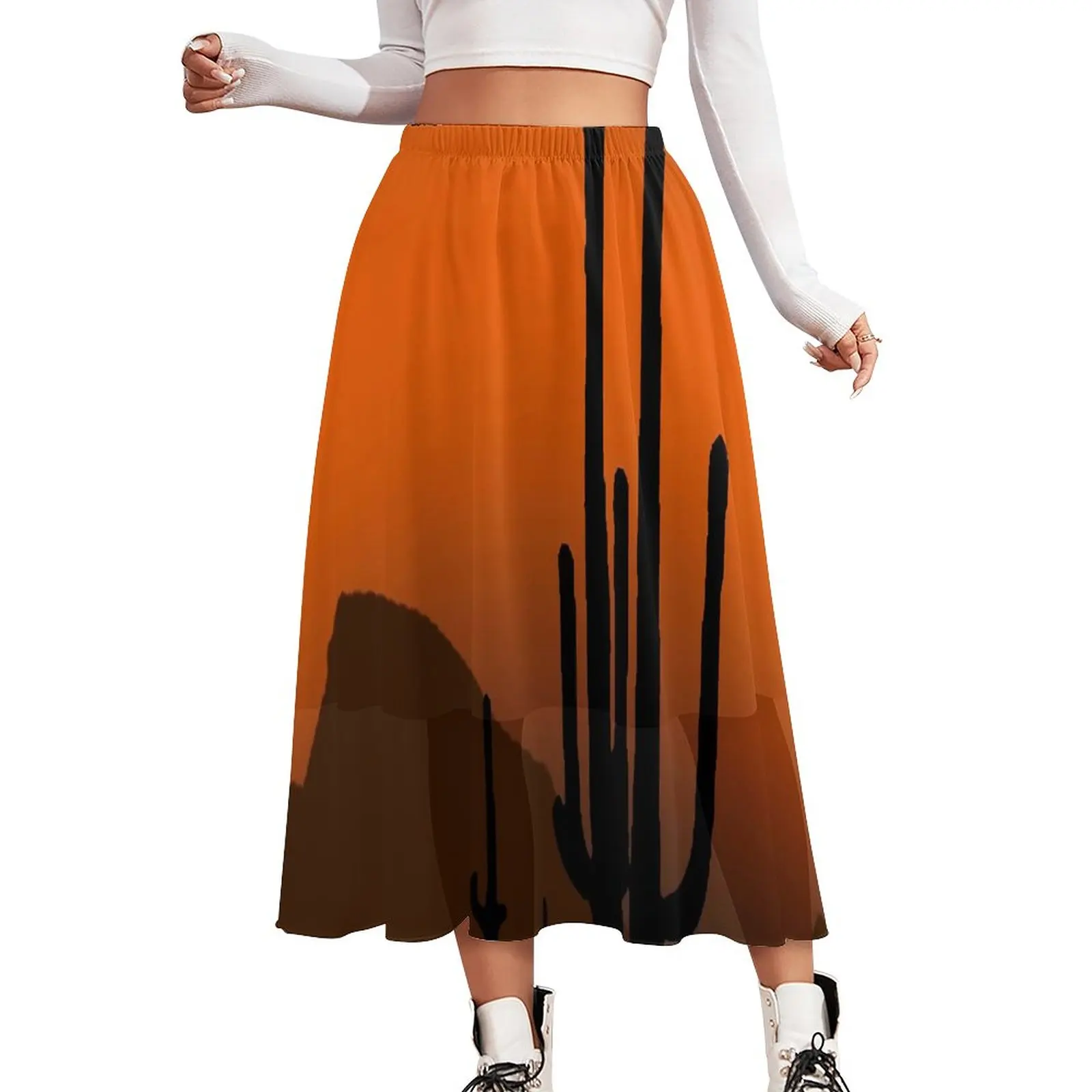 

Desert Sunset Skirt Cactus Print Retro Boho Skirts Elastic Waist Graphic Streetwear A-line Skirt Large Size