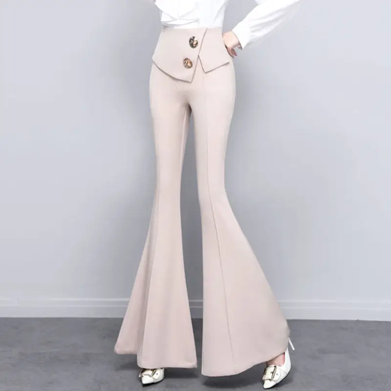 Women's Pants 2023 Chic Fashion High Waist Flare Pants Elegant Folded Waist Big Buttons Casual Ladies Street Long Trousers Women