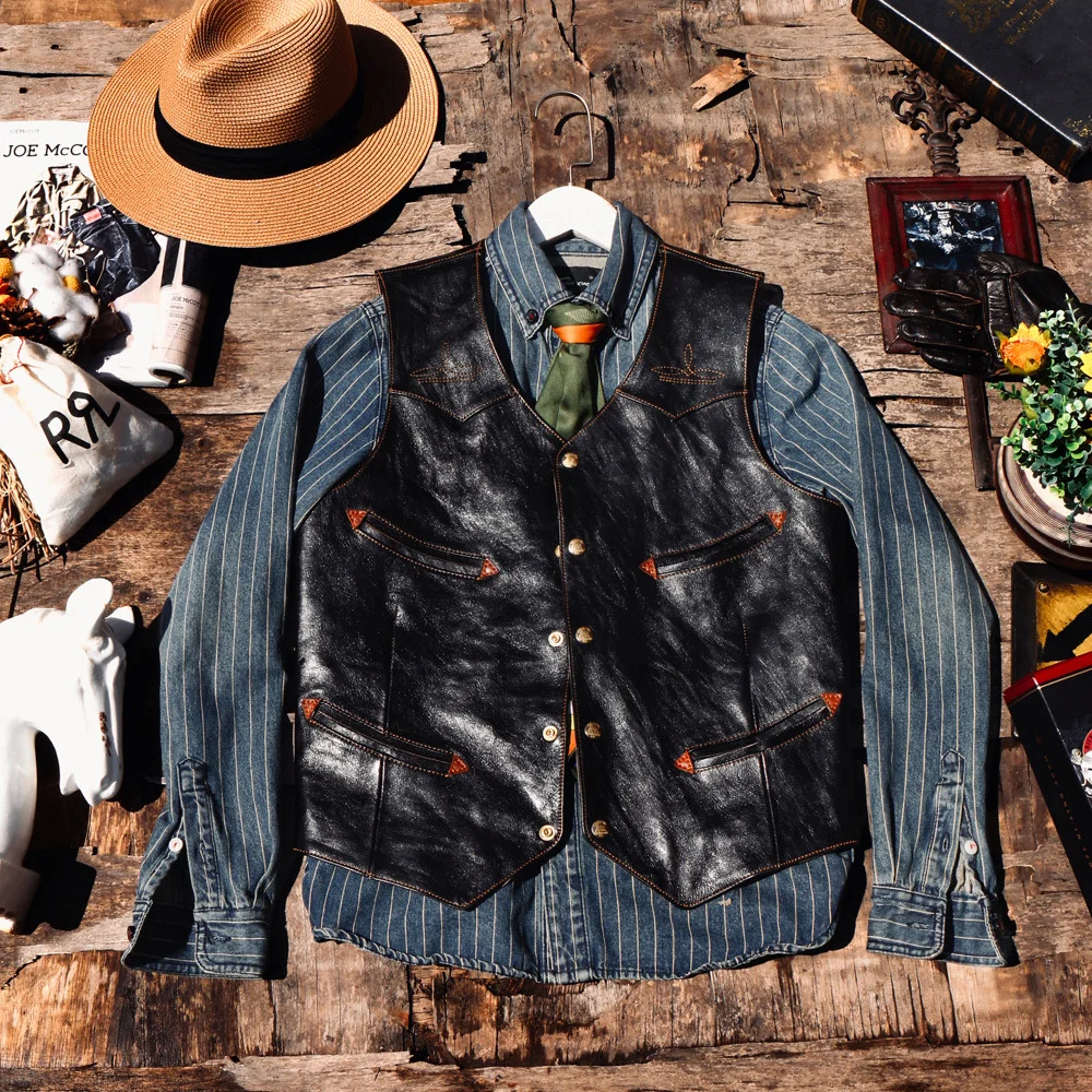 

Brando Authentic J-128 Tailor High-Level Player Tasting! Super High Quality Tea Core Horse Leather American Vintage Western Vest