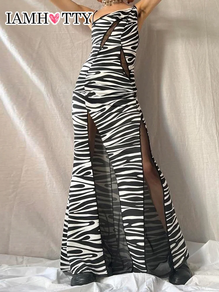 

IAMHOTTY Zebra Stripes Mesh Tulle Patchwork Long Dress Y2K Aesthetic Spaghetti Strap Slim Dresses Party Night Clubwear Sexy Robe