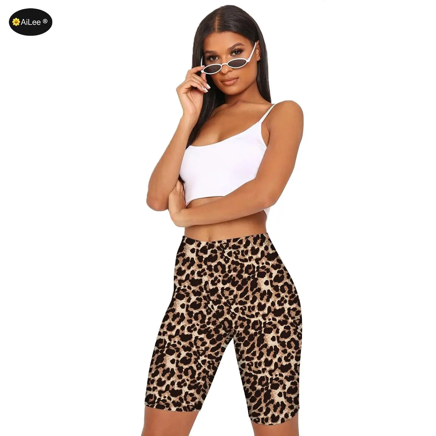 Punk Bike Motor Half Long Basic Shorts Plus Size Leopard Print Summer Shorts Workout  Slim Tight Activewear Elastic Waist Shorts