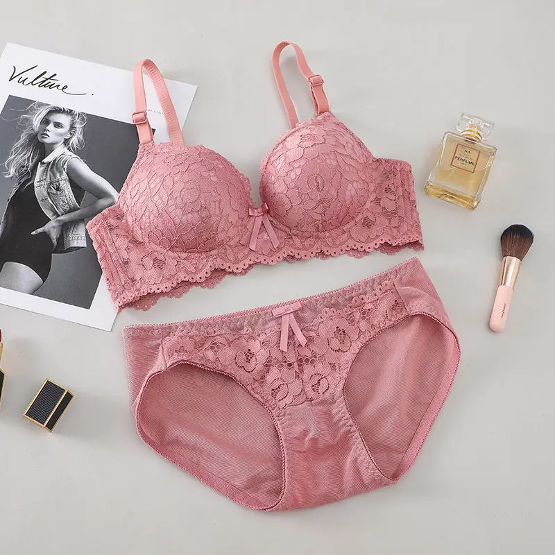 

Wholesale Lace Panties and Bras for Little Chest Breathable Comfortable Adjustable Lingerie Set Feminina Panty Bra & Brief Sets