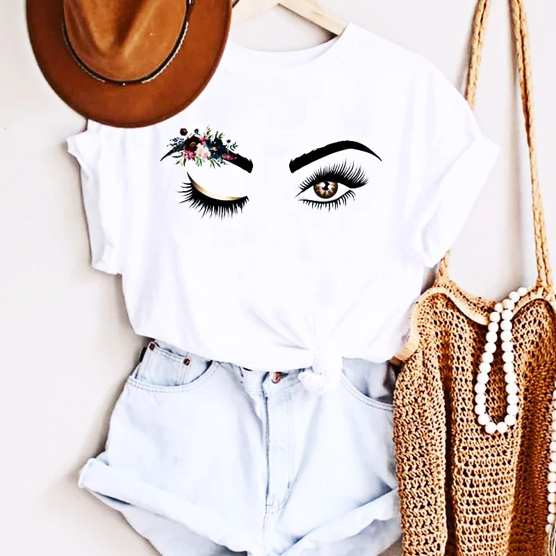 

Женская футболка с надписью «макияж», забавная Новая модная летняя футболка с мультяшным принтом ресниц, стильная футболка, футболки, одежд...
